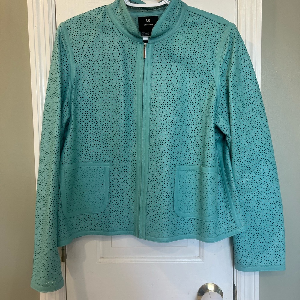 DD Collection Womens 100% Leather Blazer Jacket Green Size 14 bin2